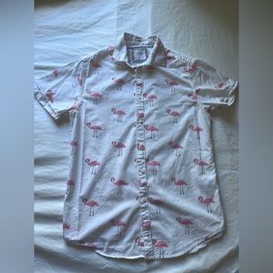 Denim and Flower Flamingo Shirt - Button Up, Short Sleeve, Men’s Size S